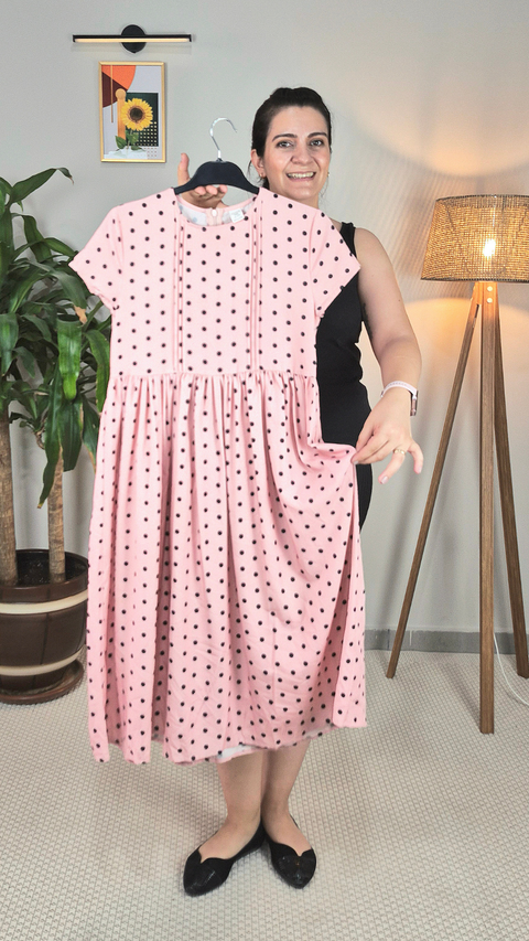 Puantiyeli Pembe Midi Boy Elbise