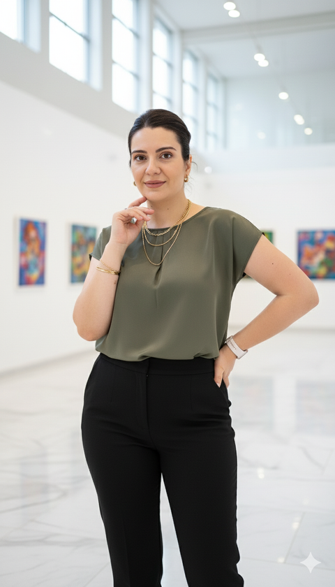 Saten Yarım Kollu Yeşil Bluz