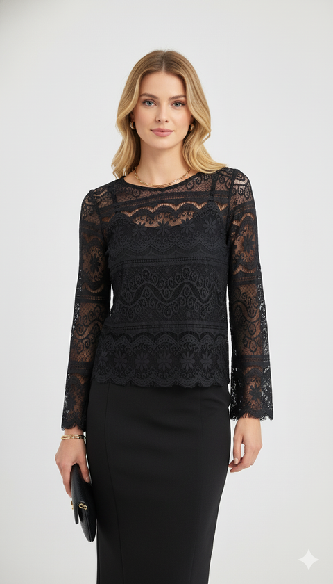 İç astarlı kol uçları geniş dantel arkası fermuarlı siyah bluz