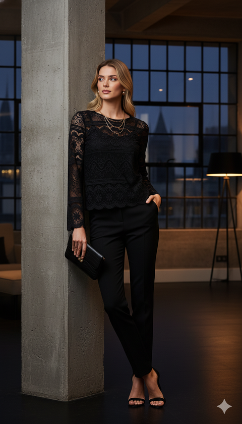 İç astarlı kol uçları geniş dantel arkası fermuarlı siyah bluz