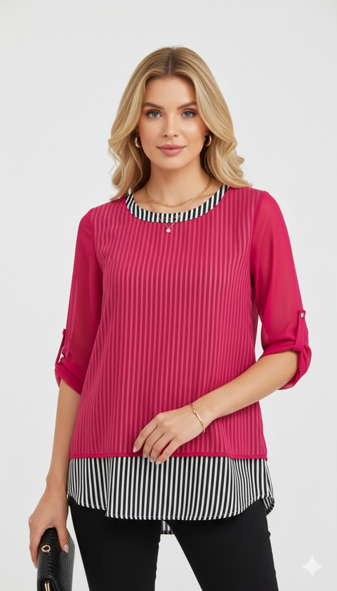 Siyah beyaz üzerine kırmızı şifonlu bluz