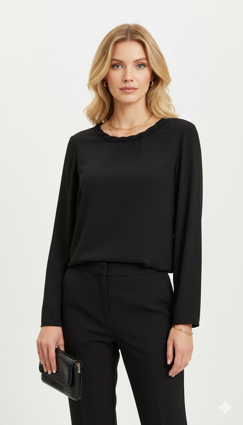 Yakası örgü detaylı siyah bluz