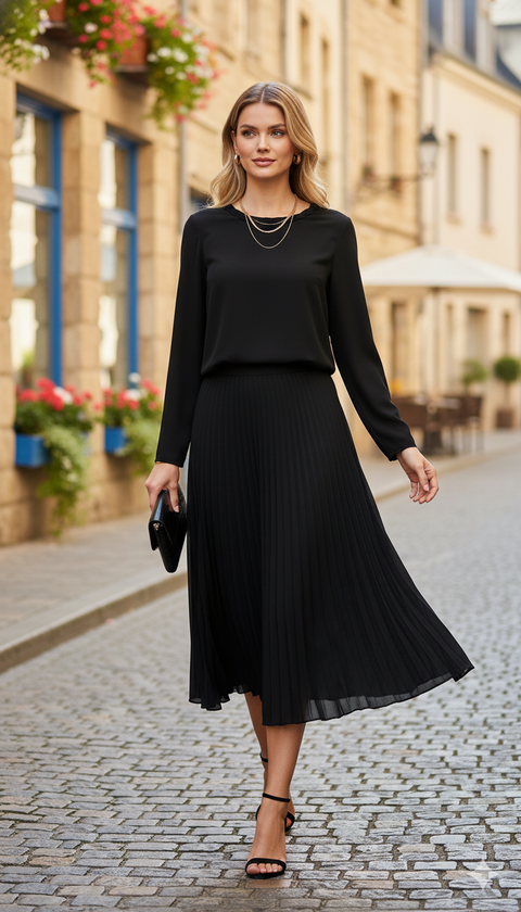 Yakası örgü detaylı siyah bluz