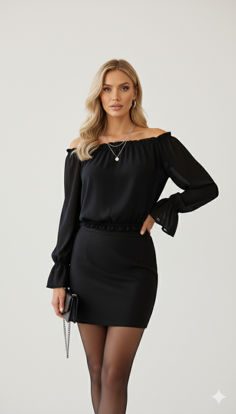 Düşük omuz beli lastikli kolları volanlı siyah bluz