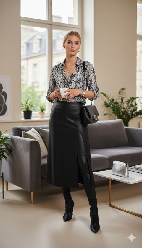 Siyah gri yılan derisi desenli uzun kol gömlek