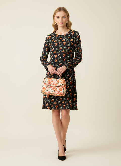 Turuncu çiçek desenli siyah elbise