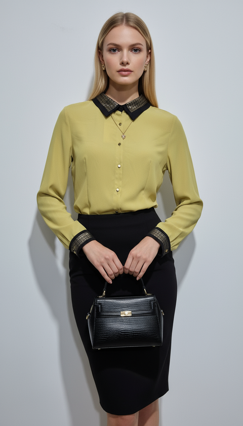 Yaka ve kol uçları kare deri detaylı yağ yeşili gömlek