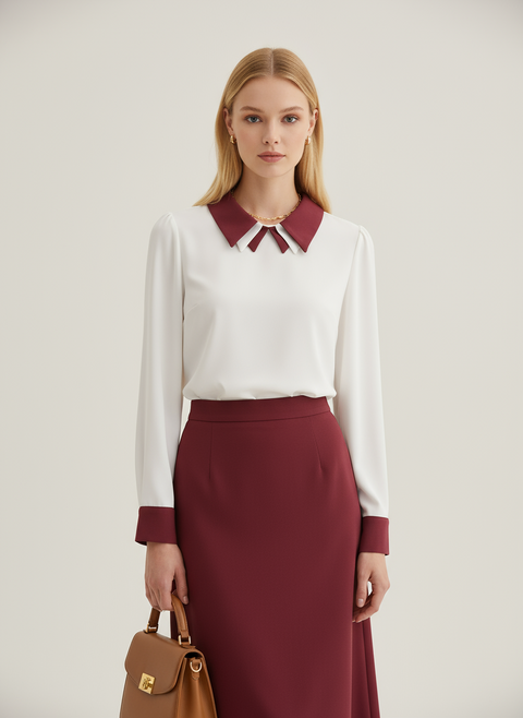 Bordo Beyaz çift yaka uzun kol bluz