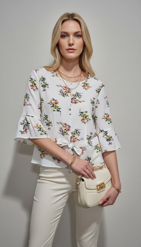 Beyaz üzerine sarı somon çiçek desenli truvakar uçları fırfırlı önden bağlama detaylı bluz