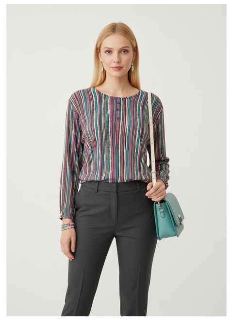 Çizgili önü düğmeli kolları lastikli bluz