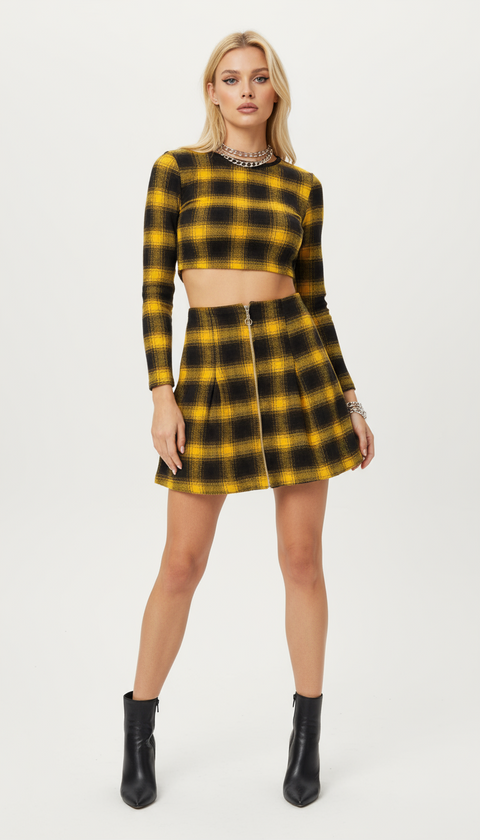 Fermuar detaylı sarı ekose etek