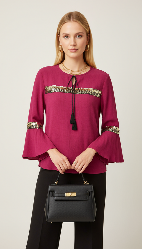 Gold pul detaylı önü bağlamalı bordo kol uçları geniş gömlek