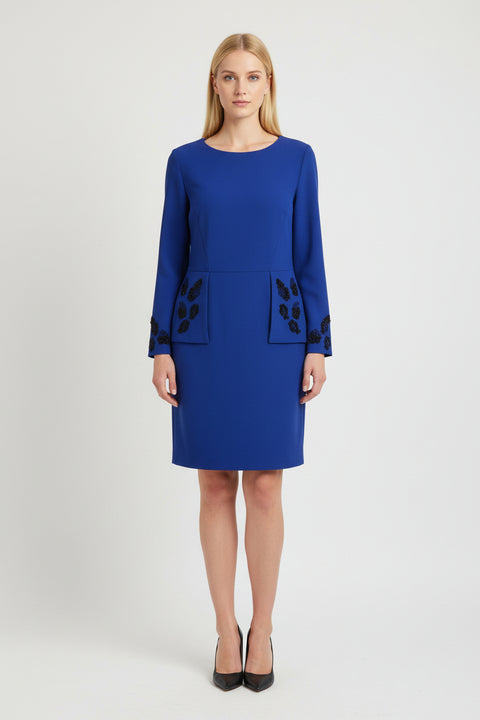 pul detaylı saks mavisi elbise