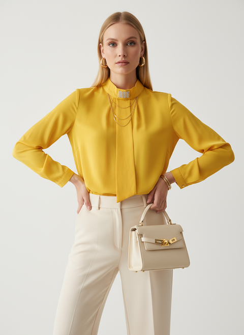 Önü fular ve boncuklu sarı bluz