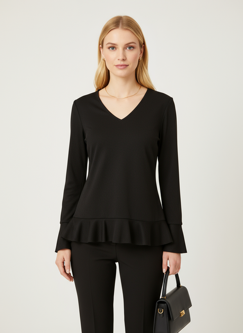 Altı ve kolları pileli siyah v yaka bluz