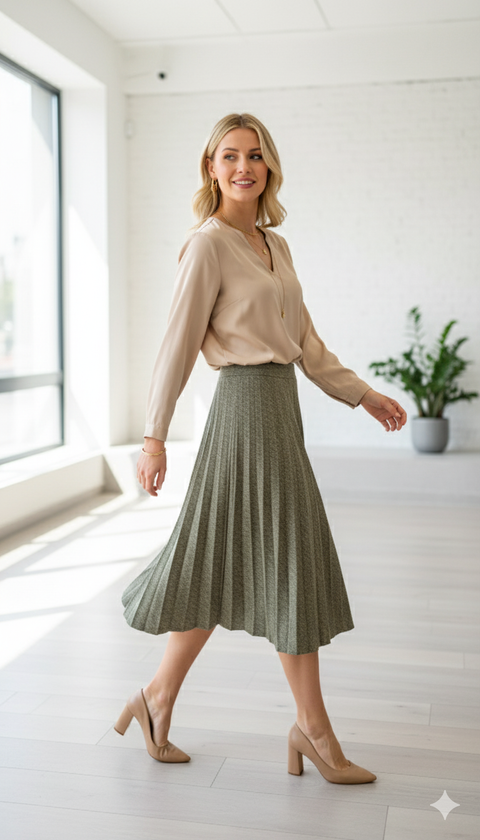 Kalın pileli midi boy yeşil etek