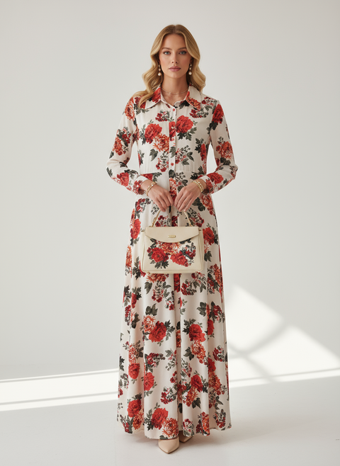 kırmızı çiçekli bej elbise