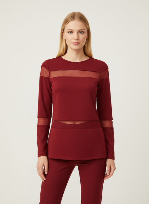 transparan şerit detaylı bordo bluz