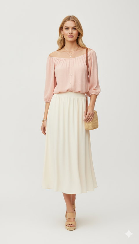 Düşük omuz truvakor kol pembe bluz