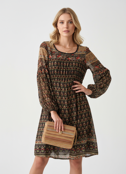 Çiçek desenli kahverengi şifon elbise