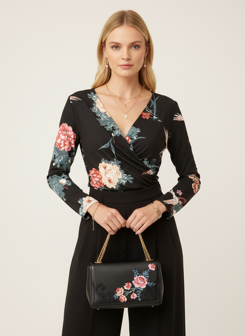 Siyah çiçek detaylı çıtçıtlı bluz