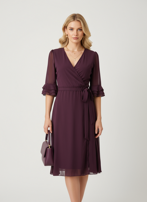 Kolları tüllü mor bağlama detaylı elbise