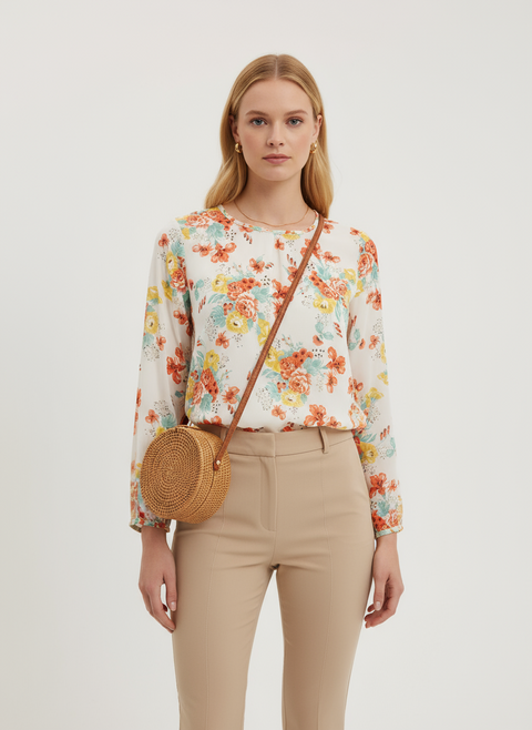 nar çiçeği sarı çiçek desenli yan bağlama detaylı bluz