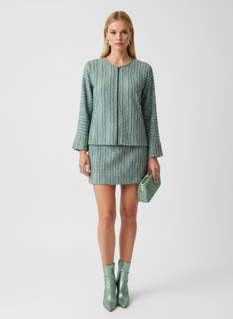 Fermuarve fırfır detaylı yeşil bluz