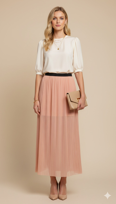 Pileli yarım astarlı siyah beli lastikli somon rengi maxi etek