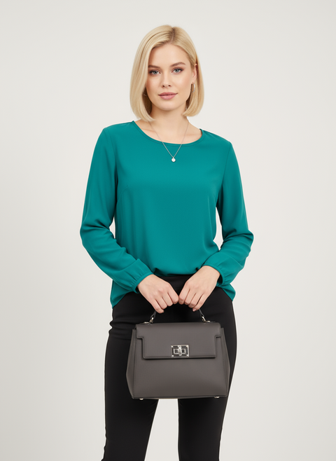 Yeşil şifon kolları düğmeli bluz