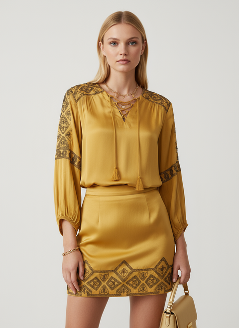 sarı işleme ve önü bağlama detaylı bluz