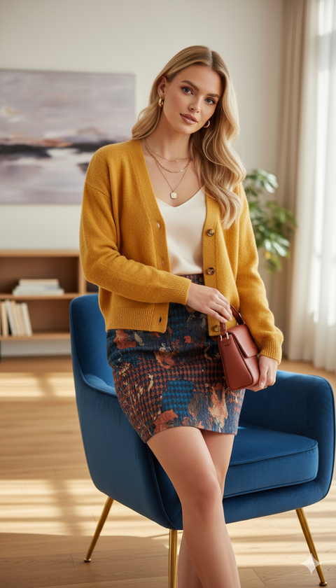 Kahverengi turkuaz kaz ayağı desenli beli lastikli kalem etek