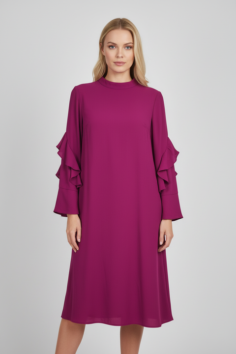 kolları fırfır detaylı fuşya elbise