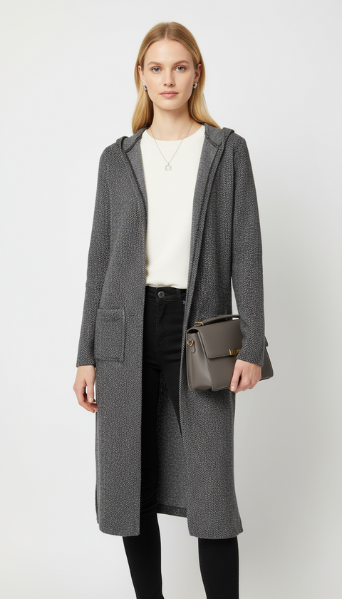 Düğme detaylı kapüşonlu siyah beyaz cepli ceket