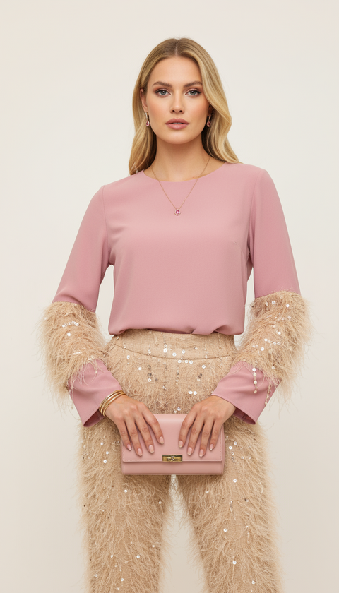 Kolları püskül ve pul detaylı pembe bluz