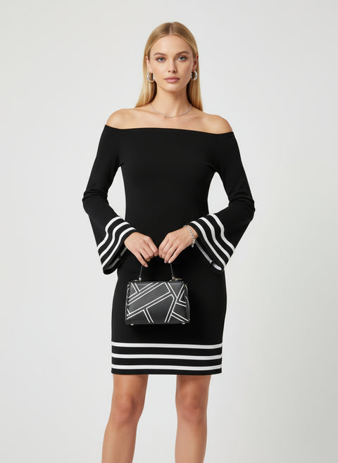 Kayık yaka çizgili siyah mini elbise