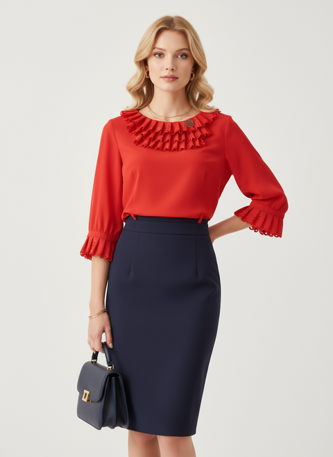 Yakası pile detaylı kırmızı lacivert bluz