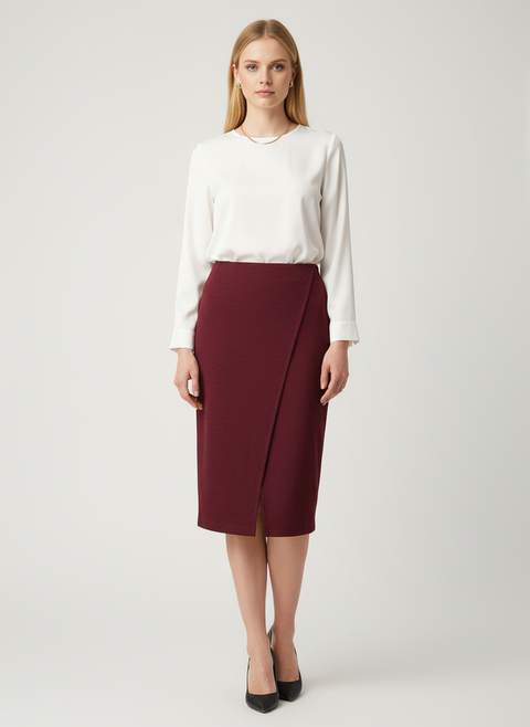 Kırmızı diz altı önü şerit detaylı midi etek