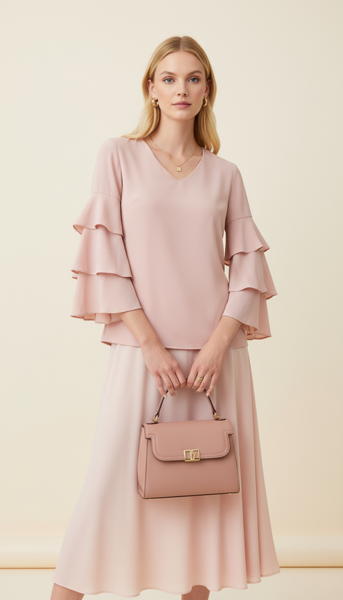 Kolları kat detaylı pembe bluz