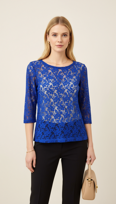 Transparan full dantel truvakar kol saks mavisi bluz