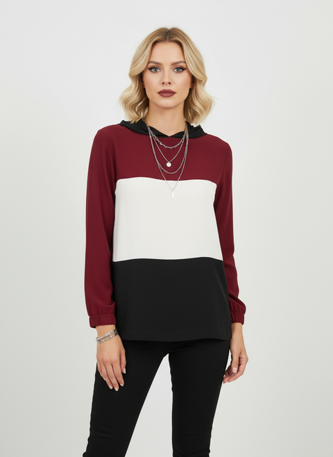 Kapşonlu çizgili kolları lastik detaylı bluz