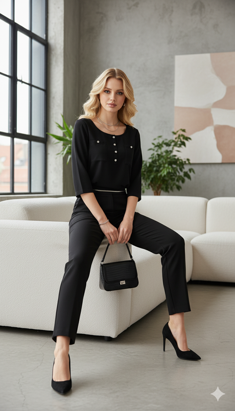 Önü ve cepleri düğme detaylı truvakar kol siyah bluz