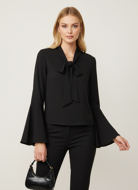 Yakası bağlama detaylı siyah bluz