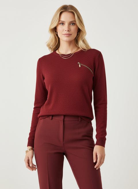 Bordo yak fermuar detaylı arkası dantel kazak