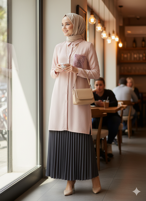 Toz pembe düğme detaylı toz pembe cep pul detaylı tunik