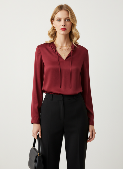Önü bağlamalı saten bordo bluz