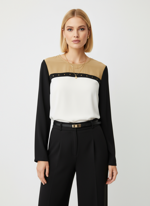 zımba detaylı siyah beyaz kahve bluz