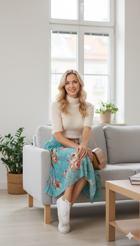 Pileli nar çiçeği büyük gül desenli yandan fermuarlı astarlı şifon etek