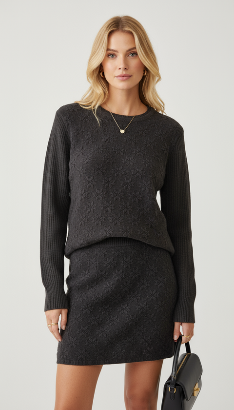 Kabartma çiçek desenli kahverengi kazak