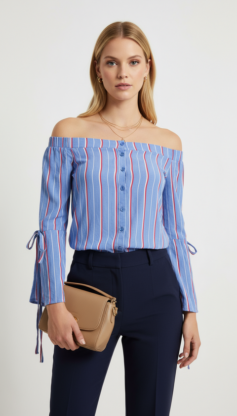 Düşük omuzlu İspanyol kol Mavi gömlek